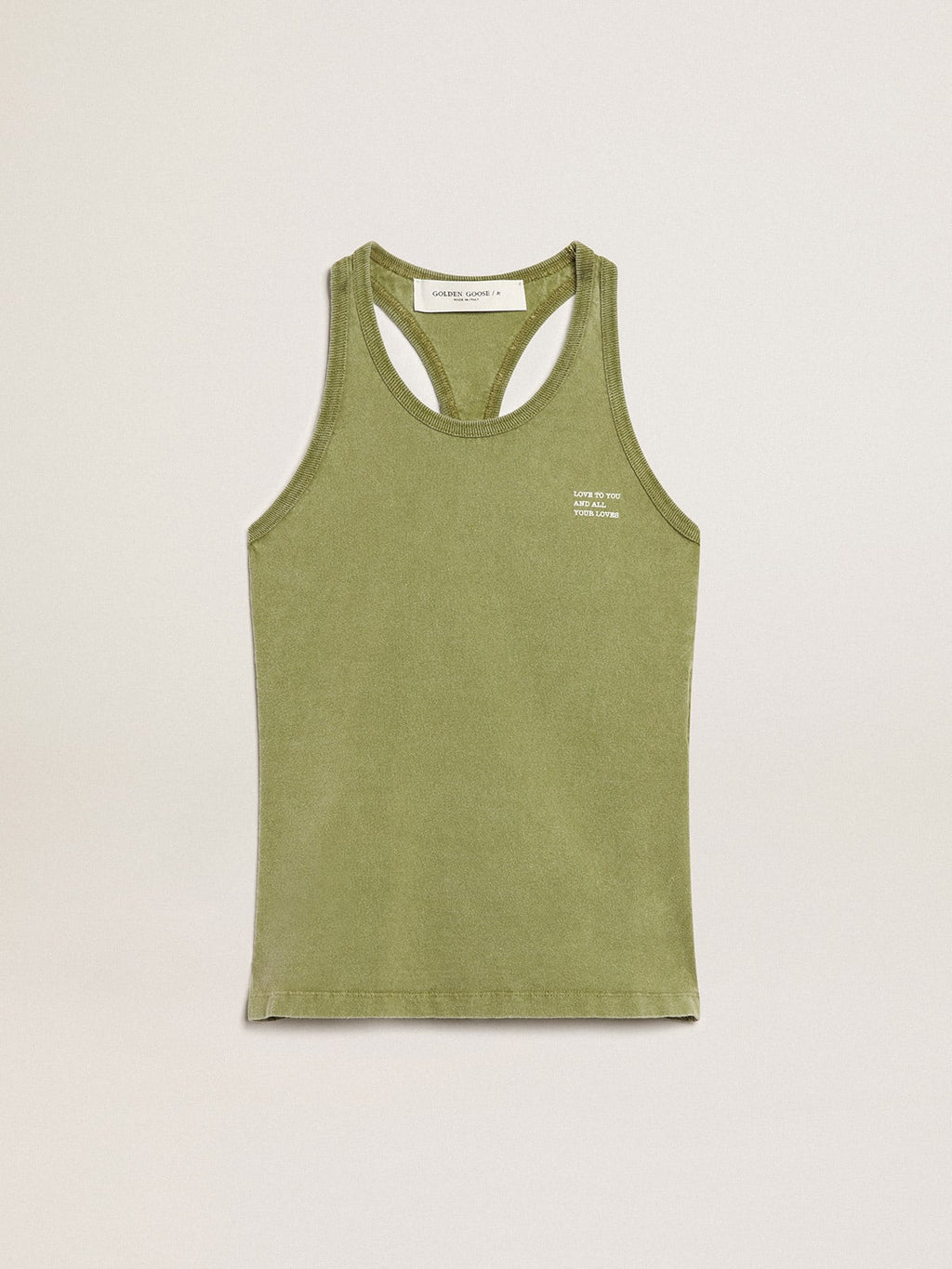 Tank top di color pesto con scritta bianca sul davanti