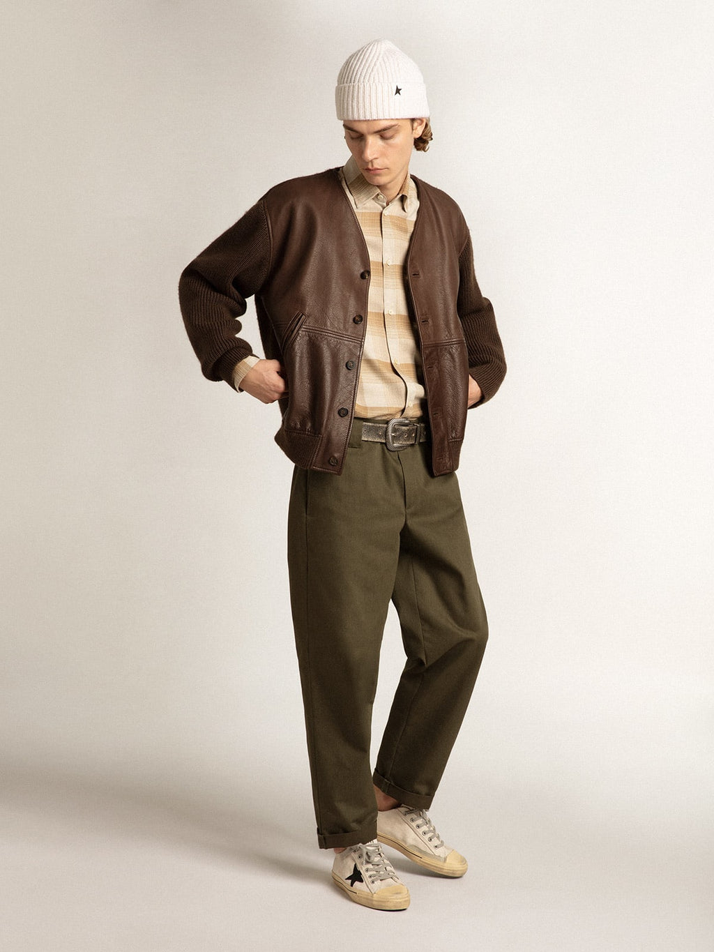Camicia slim fit color pepe e sabbia scura