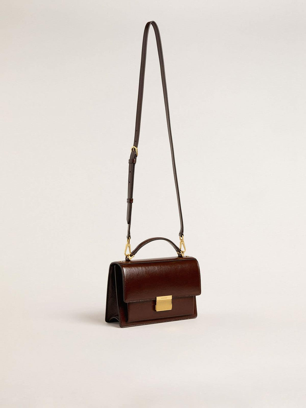 Venezia Bag in dark brown laminated leather with gold details