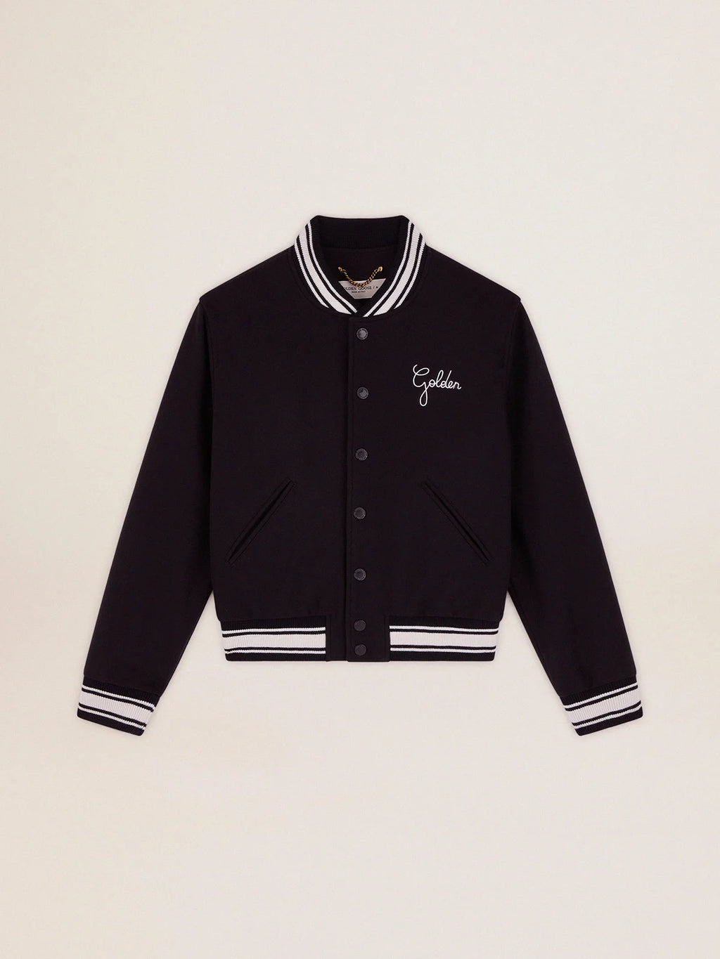 Giacca bomber in lana blu scuro con dettagli bianchi a contrasto