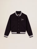 Giacca bomber in lana blu scuro con dettagli bianchi a contrasto