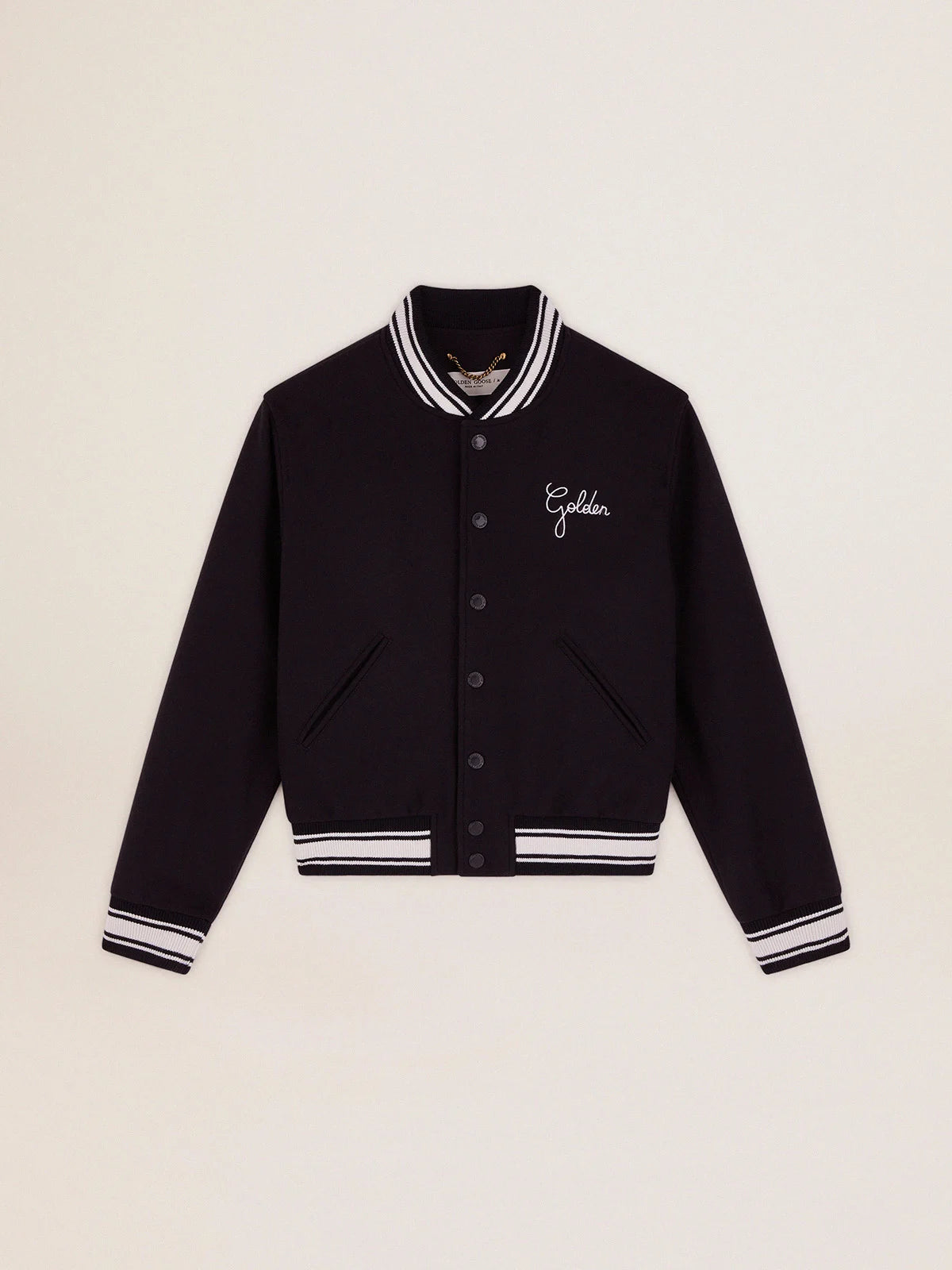 Giacca bomber in lana blu scuro con dettagli bianchi a contrasto