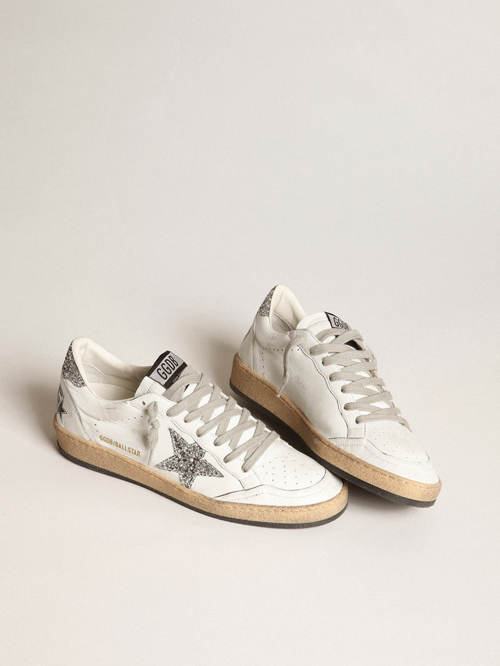 Sneaker Ball Star in nappa bianca con stella e talloncino in glitter argento
