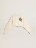 Felpa cropped in cotone color bianco vissuto