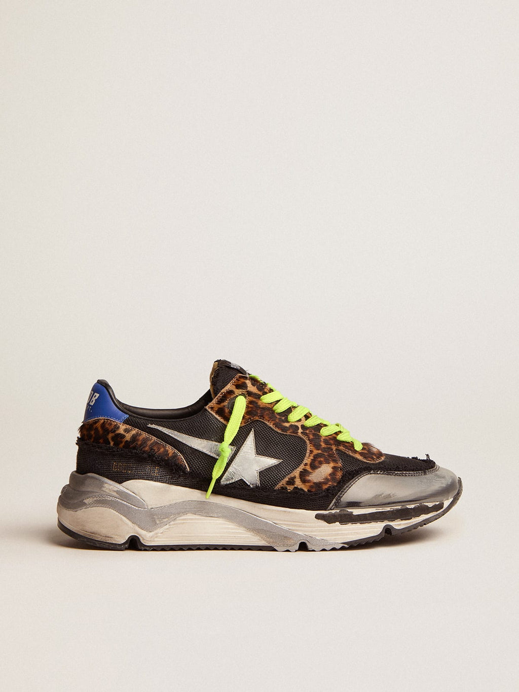 Sneaker Running Sole LTD in rete nera con inserti in cavallino leopardato e stella in pelle laminata color argento