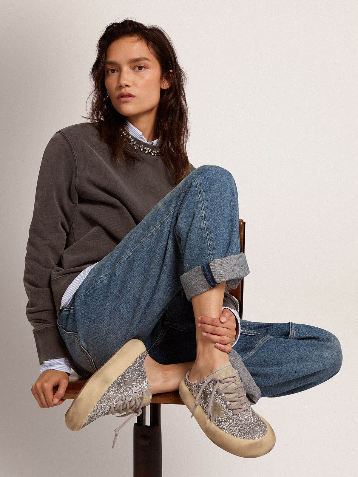 Scarpe Space-Star Sabot in glitter argento e fodera in shearling