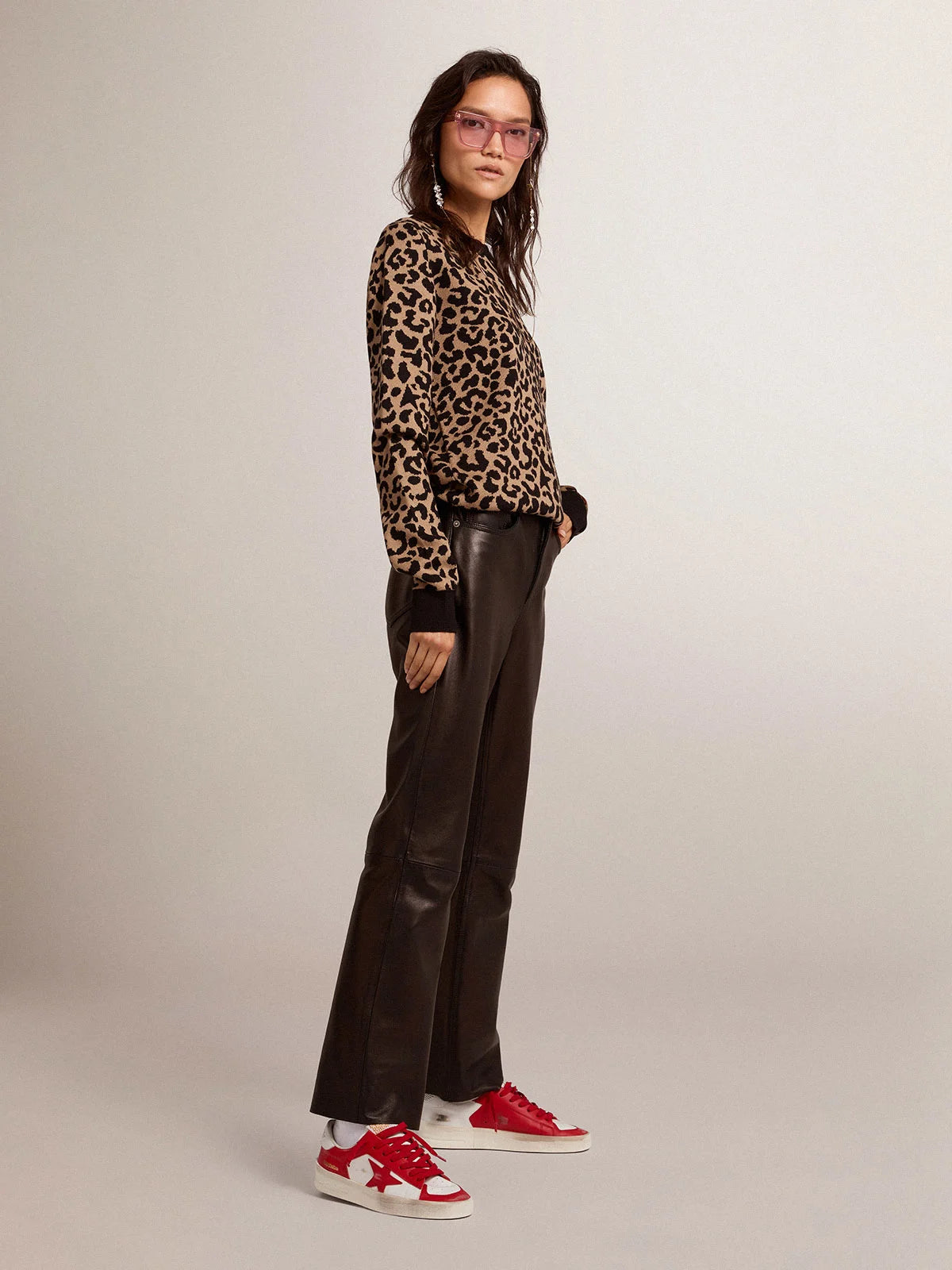 Maglione girocollo in lana con motivo animalier jacquard