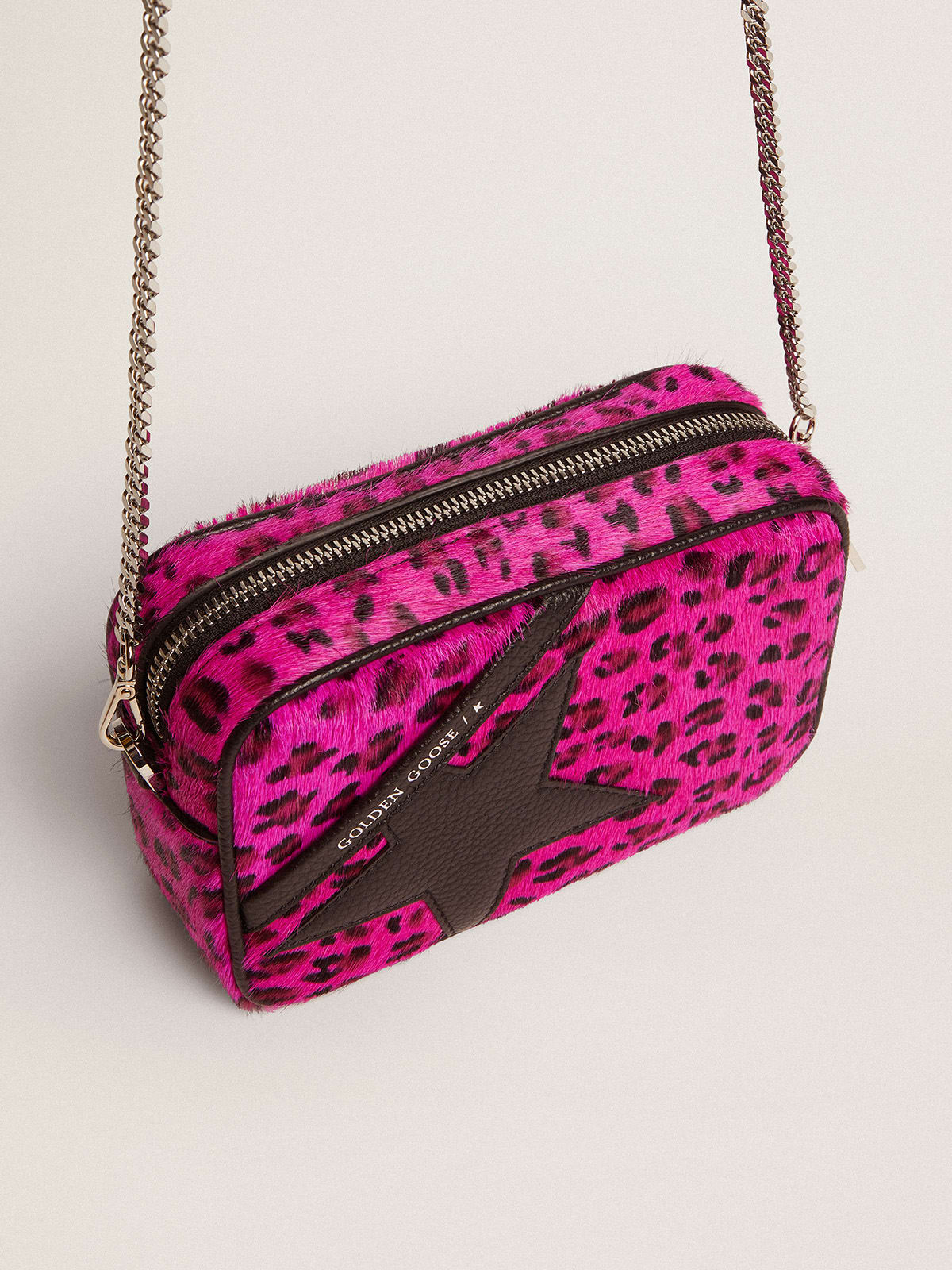 Borsa Mini Star Bag in cavallino leopardato fucsia e stella in pelle nera