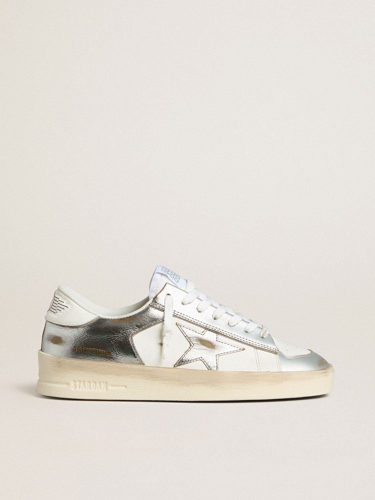 Stardan in silver foiled leather with white heel tab