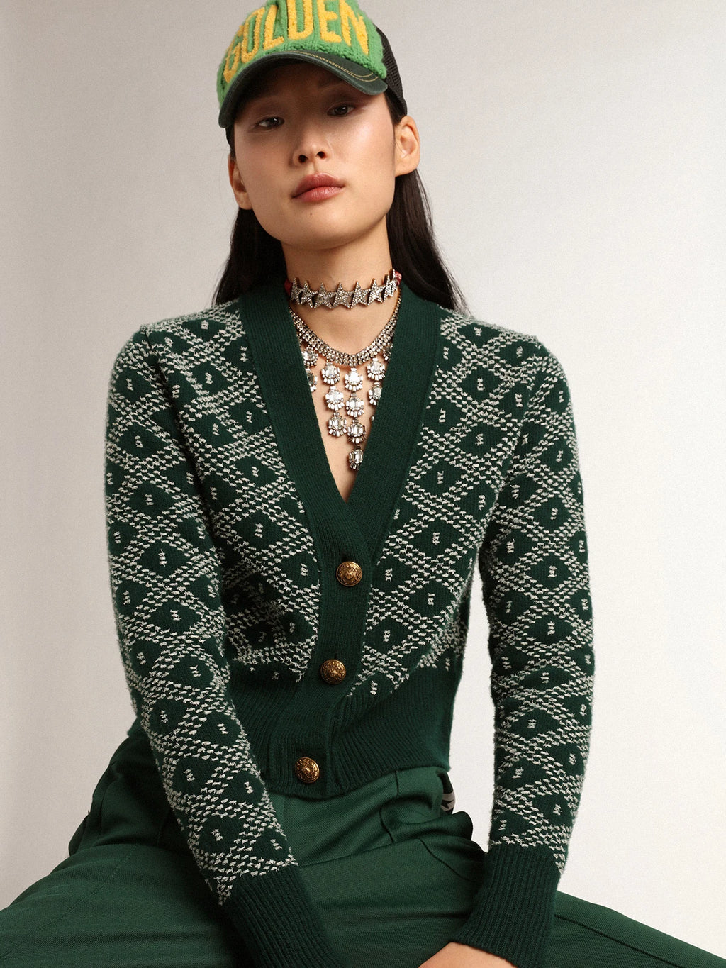 Cropped Cardigan Collezione Journey con jacquard a rombi nei toni del verde e del bianco