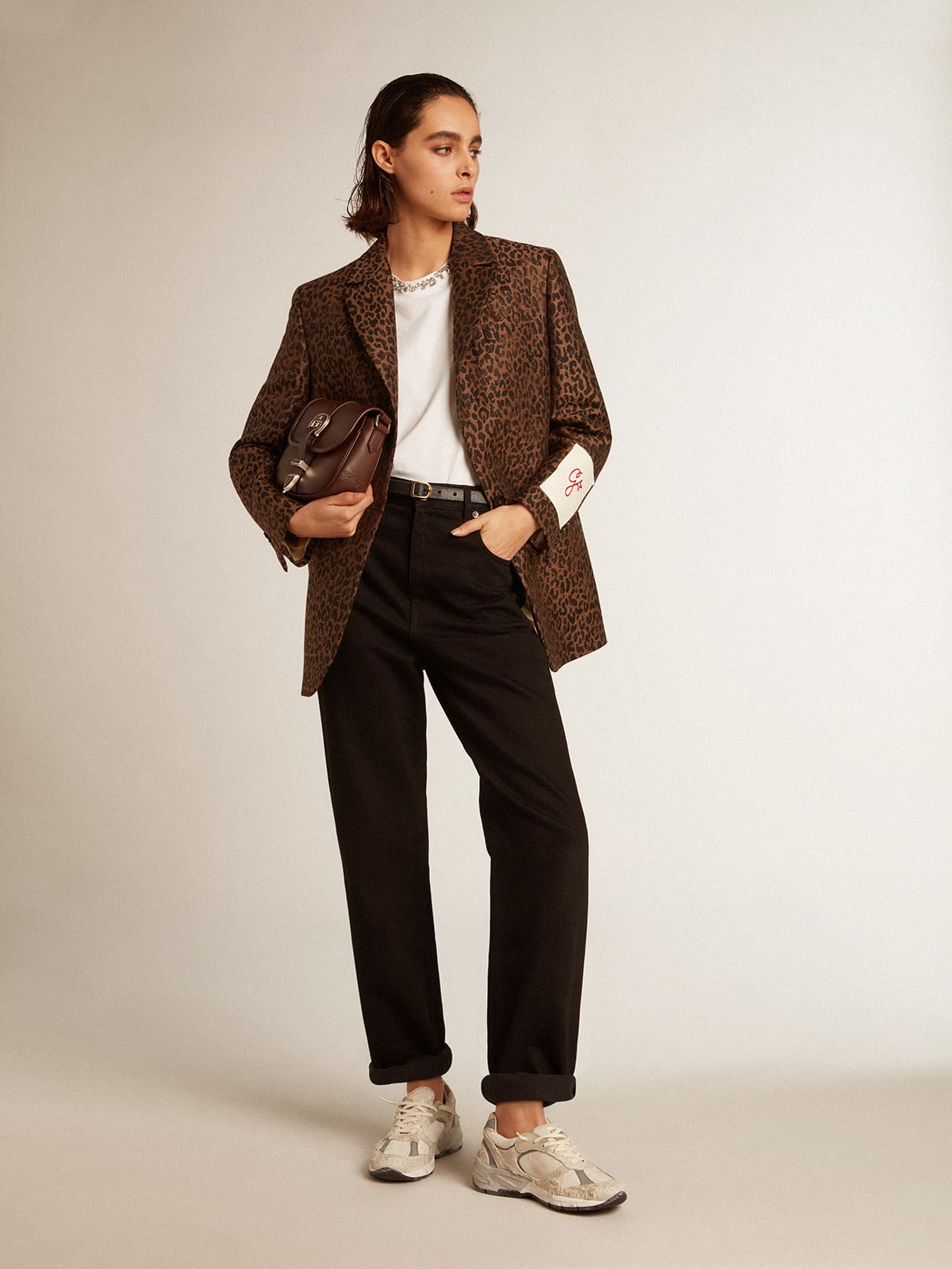 Blazer monopetto Collezione Golden in lana con motivo animalier jacquard