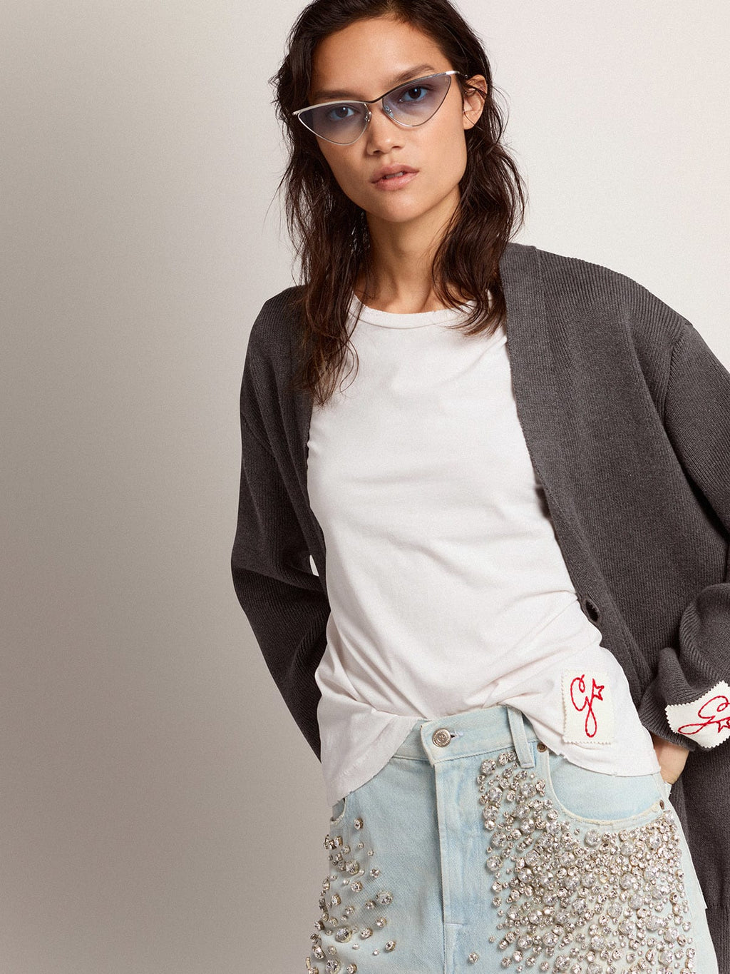 Jeans bleached Kim Collezione Golden con cristalli cabochon