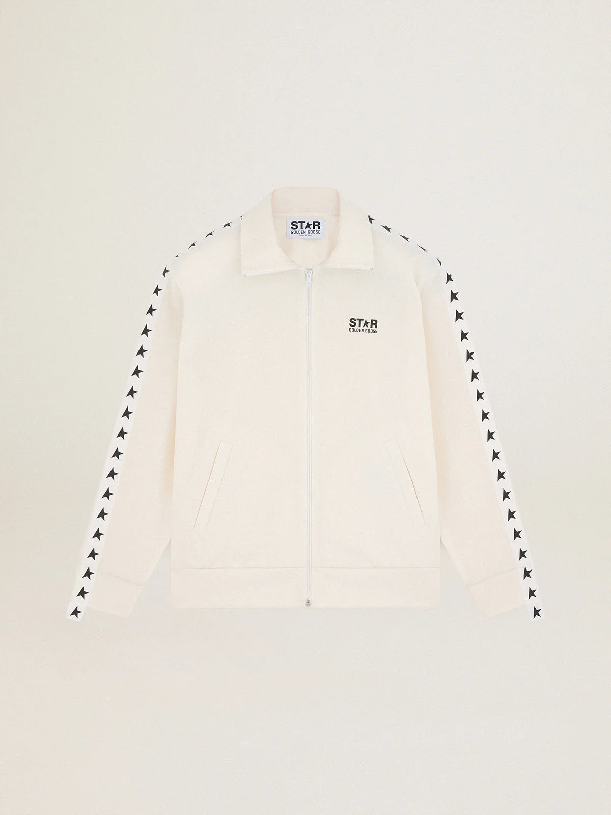 Felpa con zip da uomo di colore bianco con nastro bianco e stelle nere
