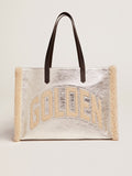 Borsa Californa Bag East-West in pelle laminata color argento e inserti in lana merino