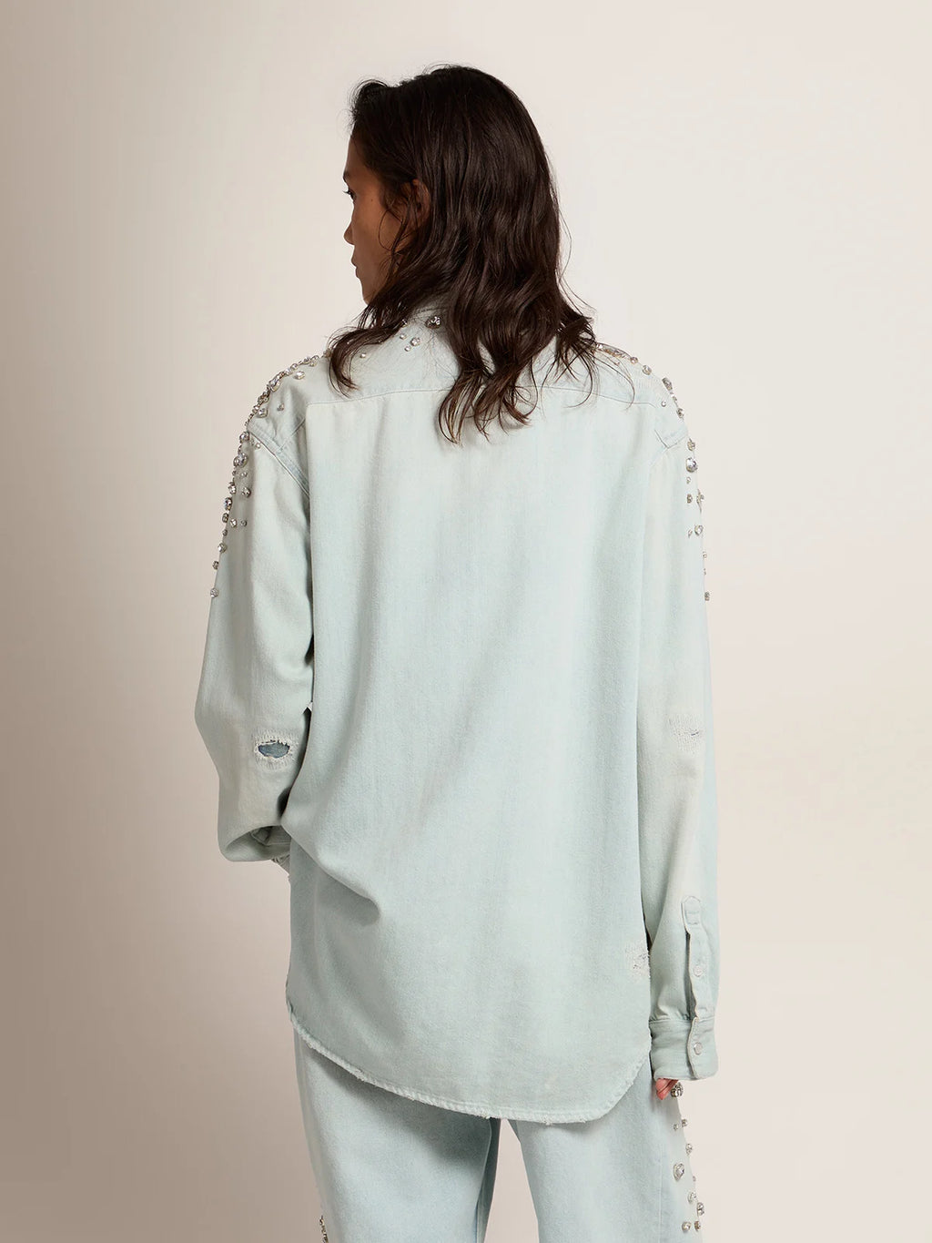 Camicia boyfriend bleached Collezione Golden con cristalli cabochon