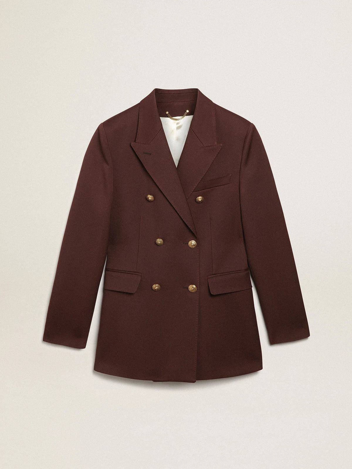 Blazer doppiopetto Collezione Journey in gabardine di lana color chicory coffee con bottoni araldici dorati