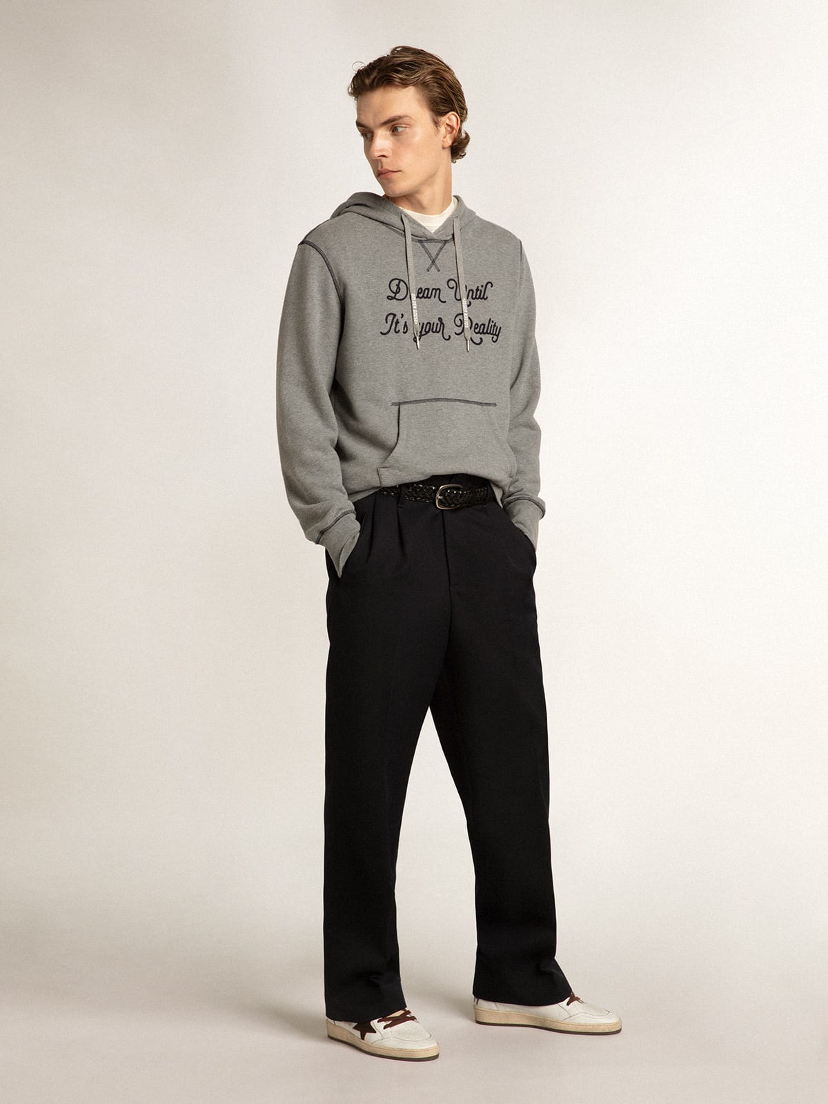 Felpa in cotone color grigio melange con cappuccio