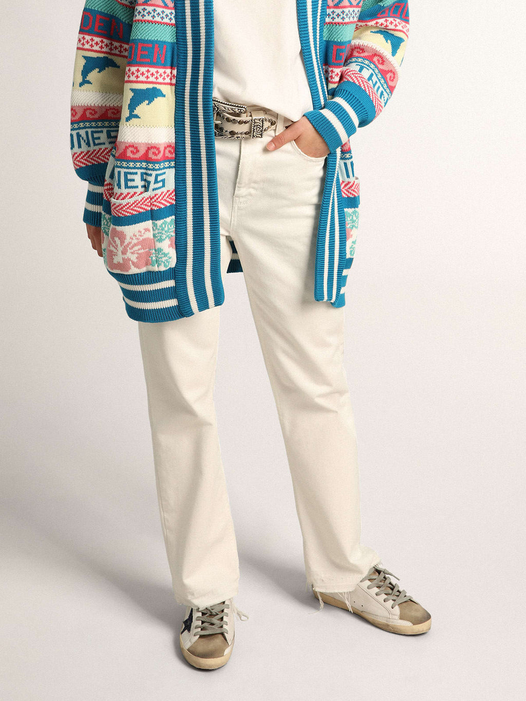 Pantalone crop Collezione Journey in bull denim di colore bianco con orlo dal'effetto rovinato