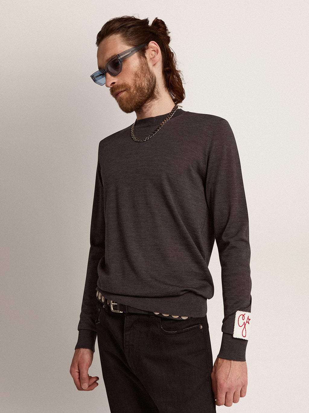 Maglione girocollo in lana color grigio mélange scuro