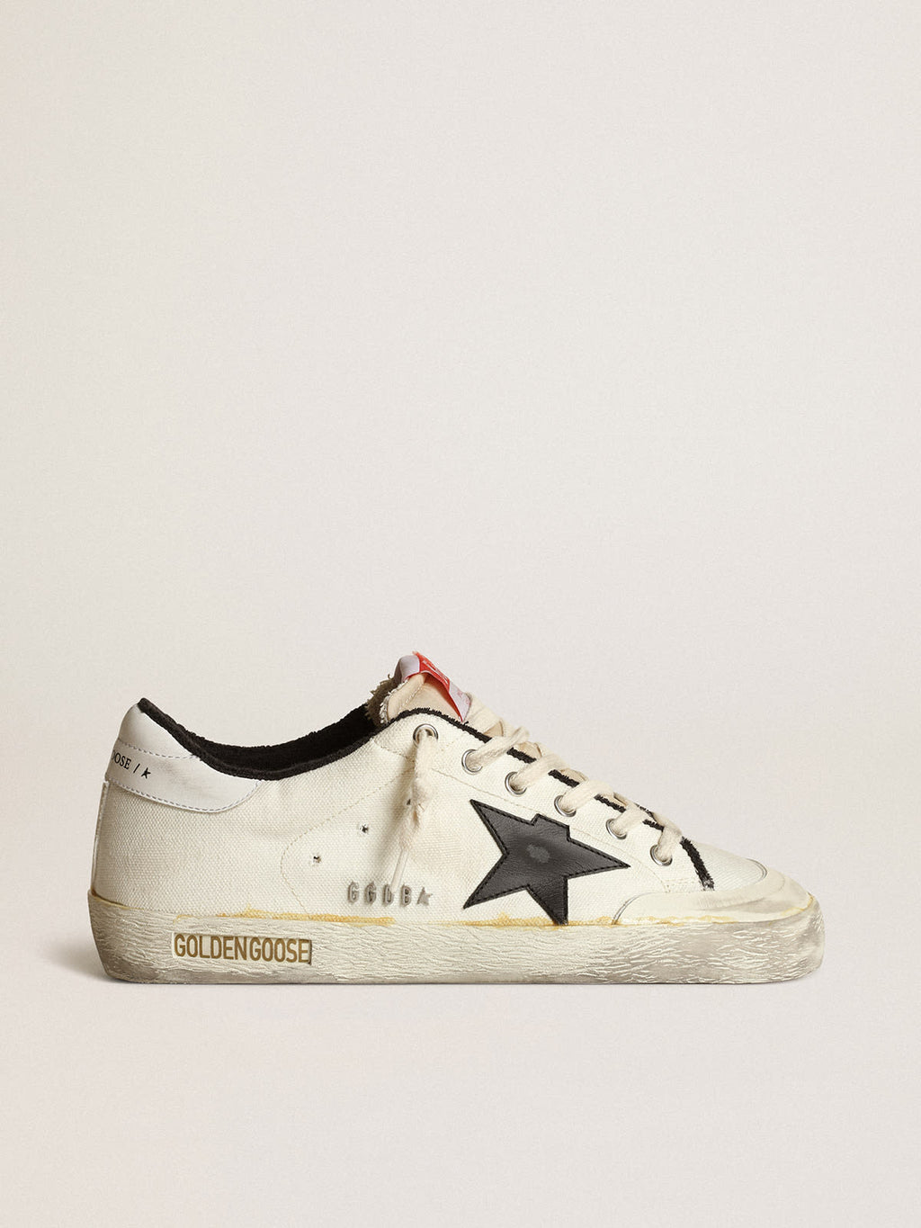 Sneaker Super-Star donna LTD in canvas beige con stella in pelle nera e talloncino in pelle bianca
