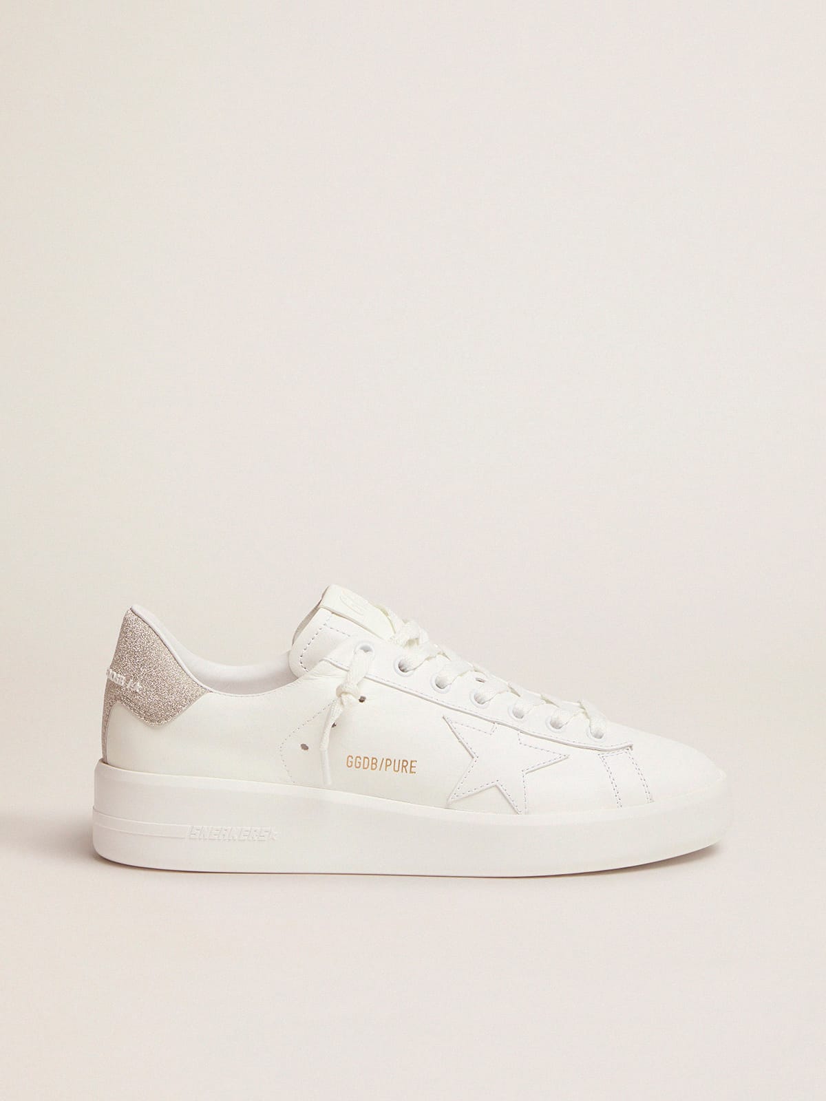 Sneaker Purestar in pelle bianca e talloncino con glitter champagne