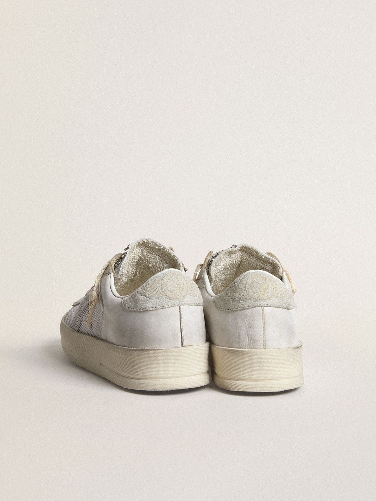 Stardan LTD in white leather with star and heel tab in ice-gray suede