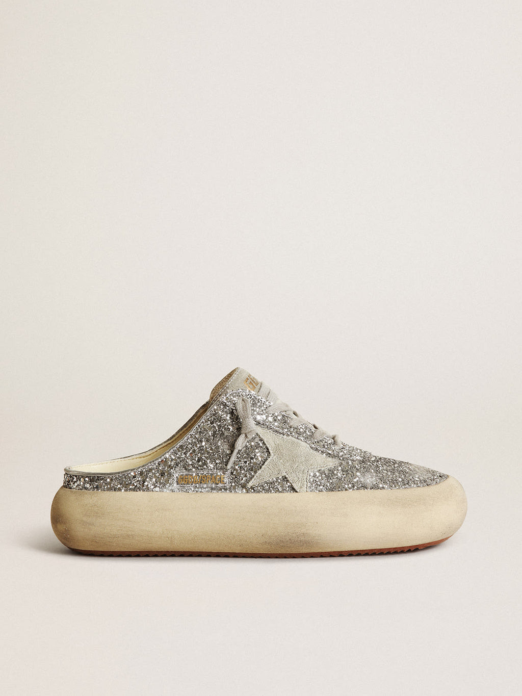 Space-Star Sabot in glitter argento con stella e linguetta in suede grigio ghiaccio