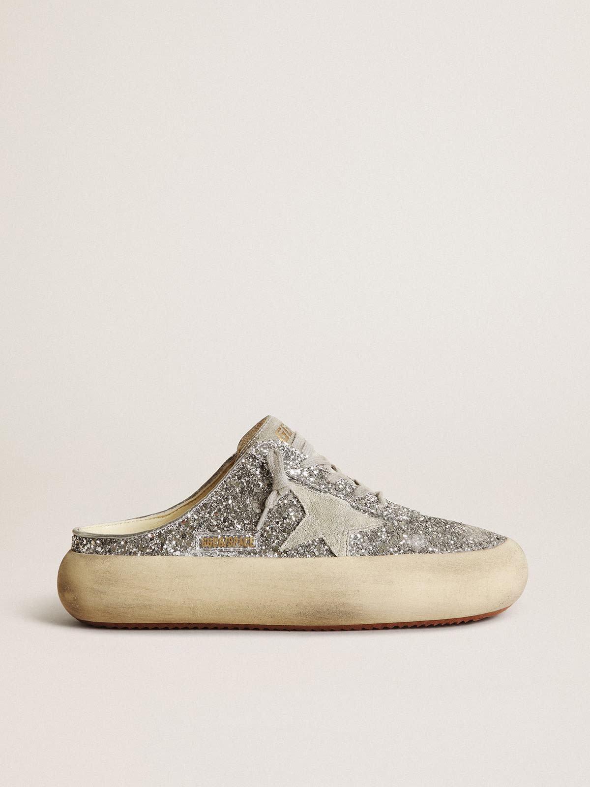 Space-Star Sabot in glitter argento con stella e linguetta in suede grigio ghiaccio
