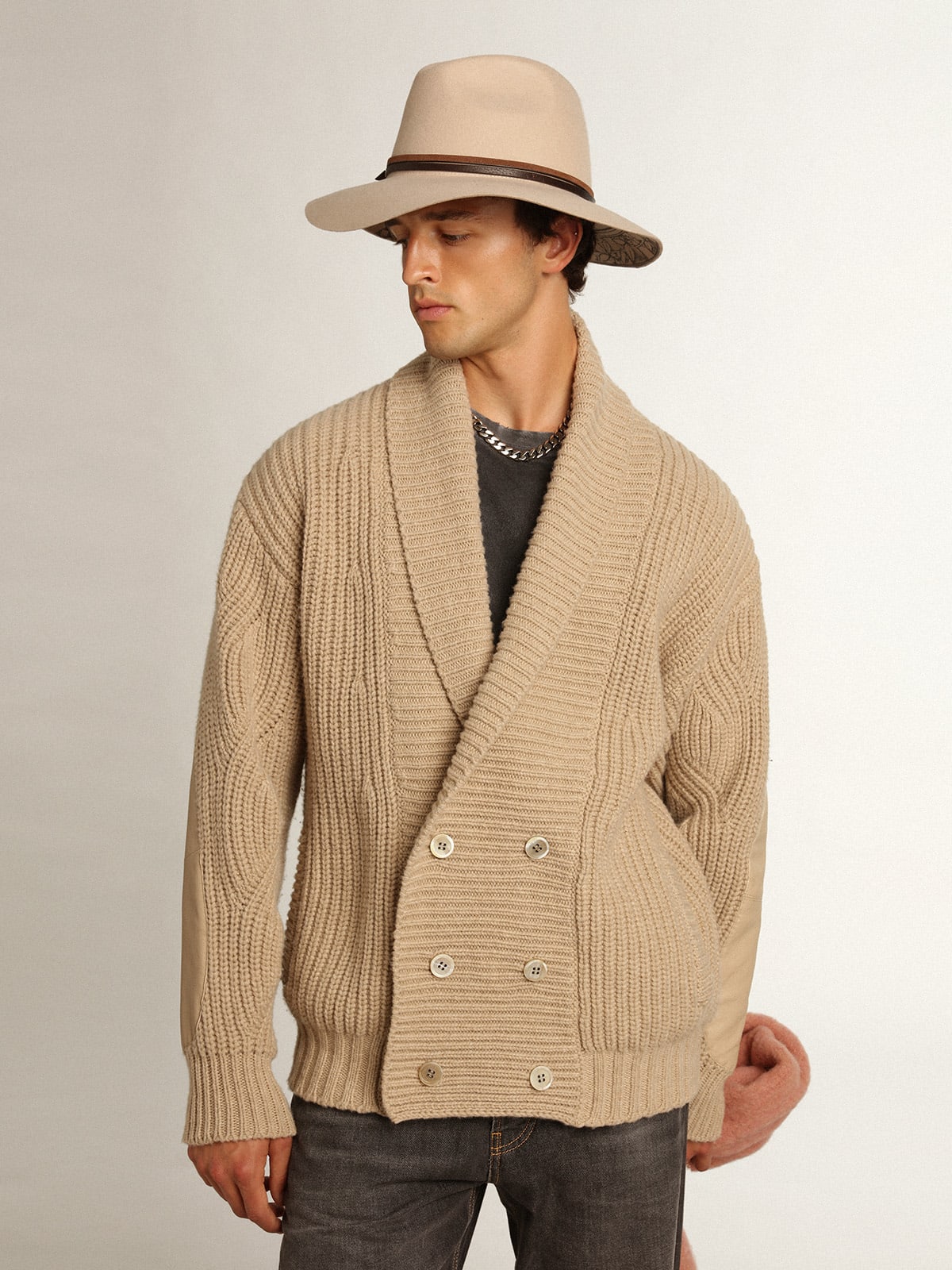 Cardigan doppiopetto Collezione Journey in lana a coste beige con toppe in pelle ton sur ton