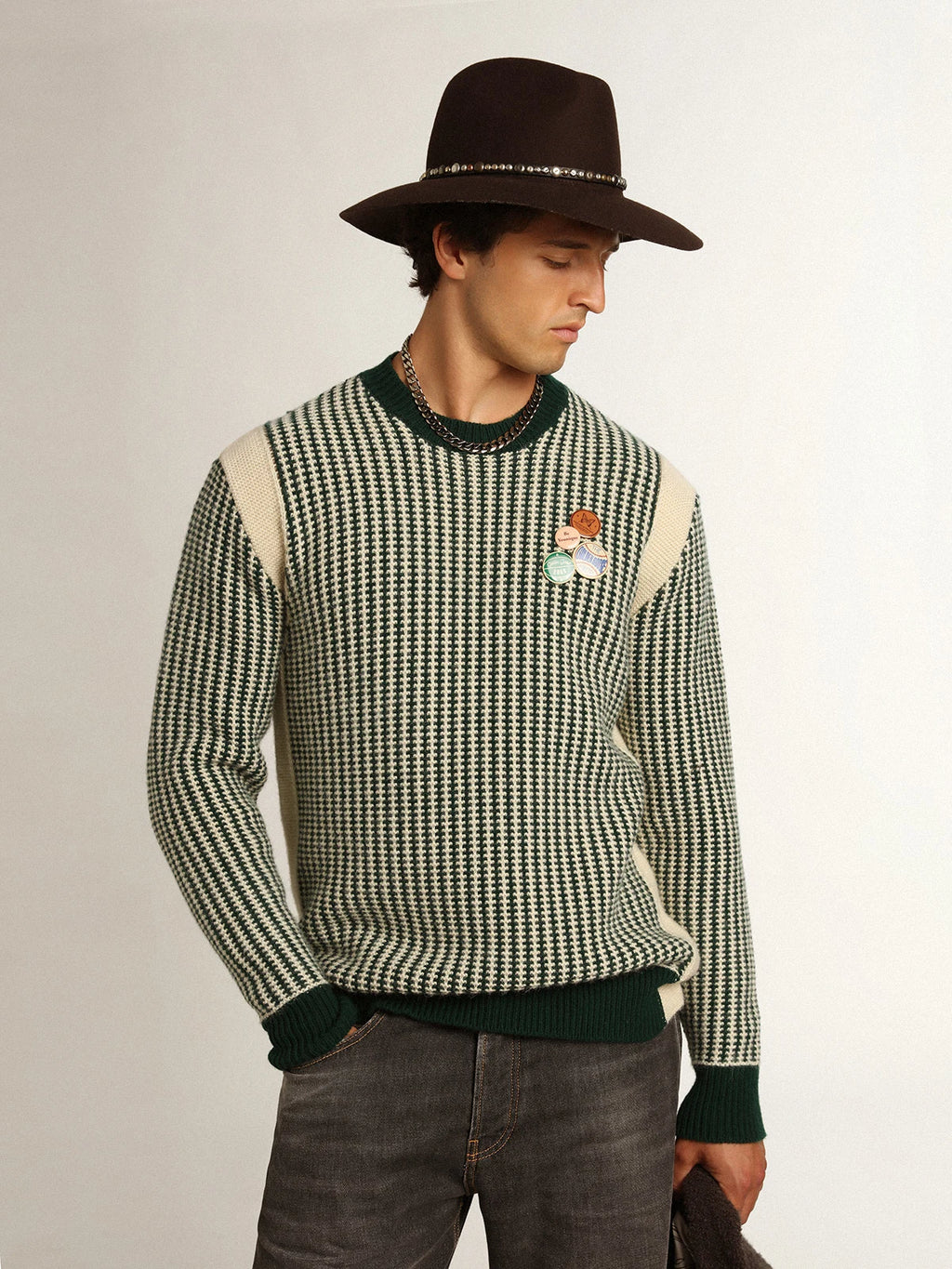 Maglione girocollo Collezione Journey in lana bicolore bianca e verde