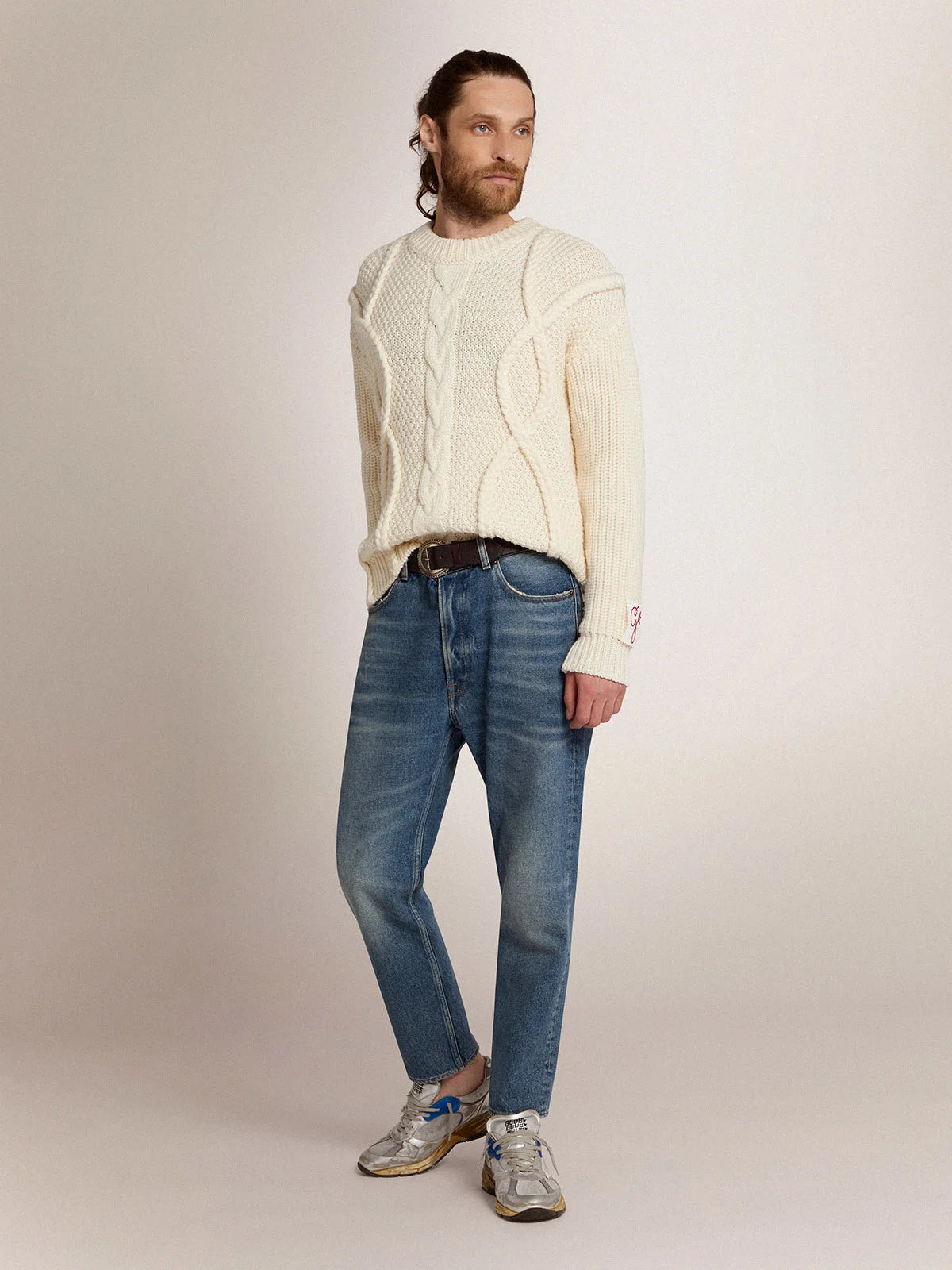 Maglione girocollo da uomo in lana con motivo intrecciato