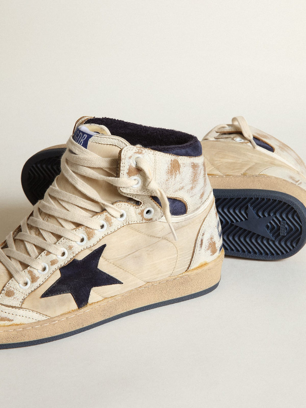 Sneaker Sky-Star Uomo in nylon color panna e pelle bianca con stella in suede blu scuro