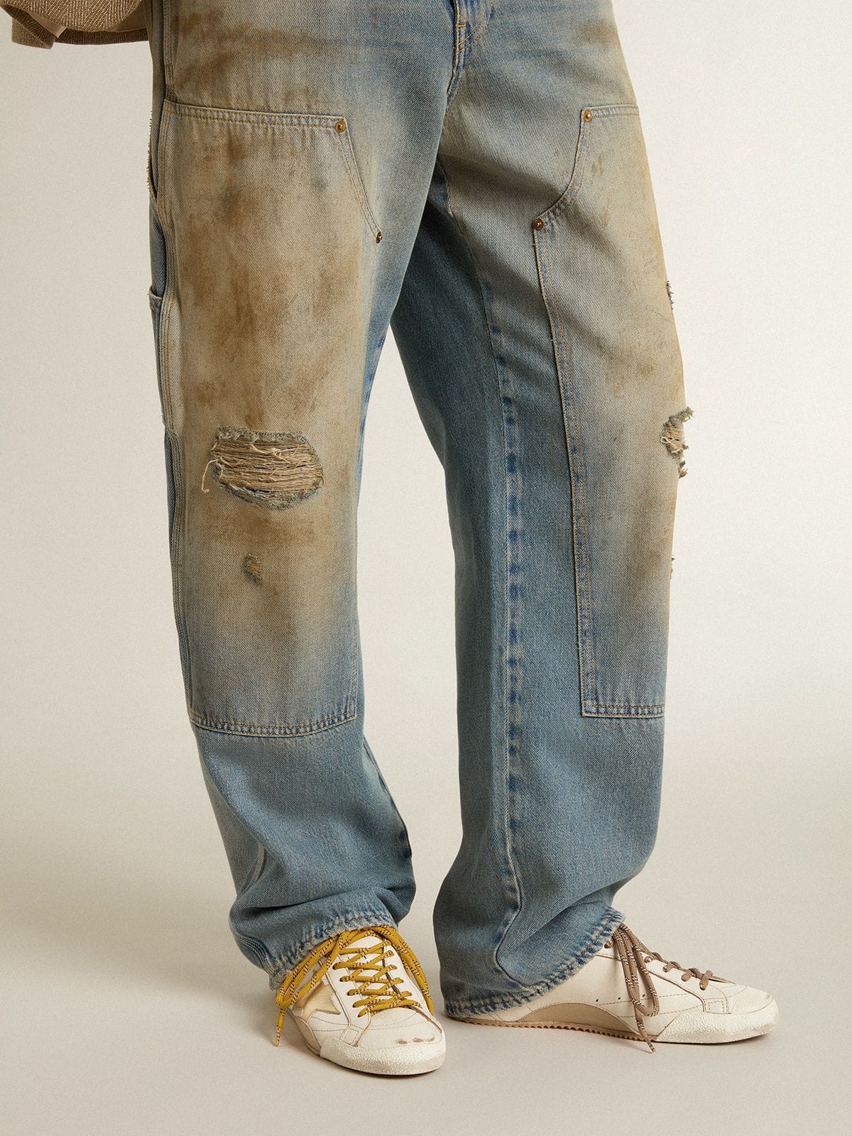 Men's True-Star in white nappa leather with gold foiled leather star and beige suede heel tab