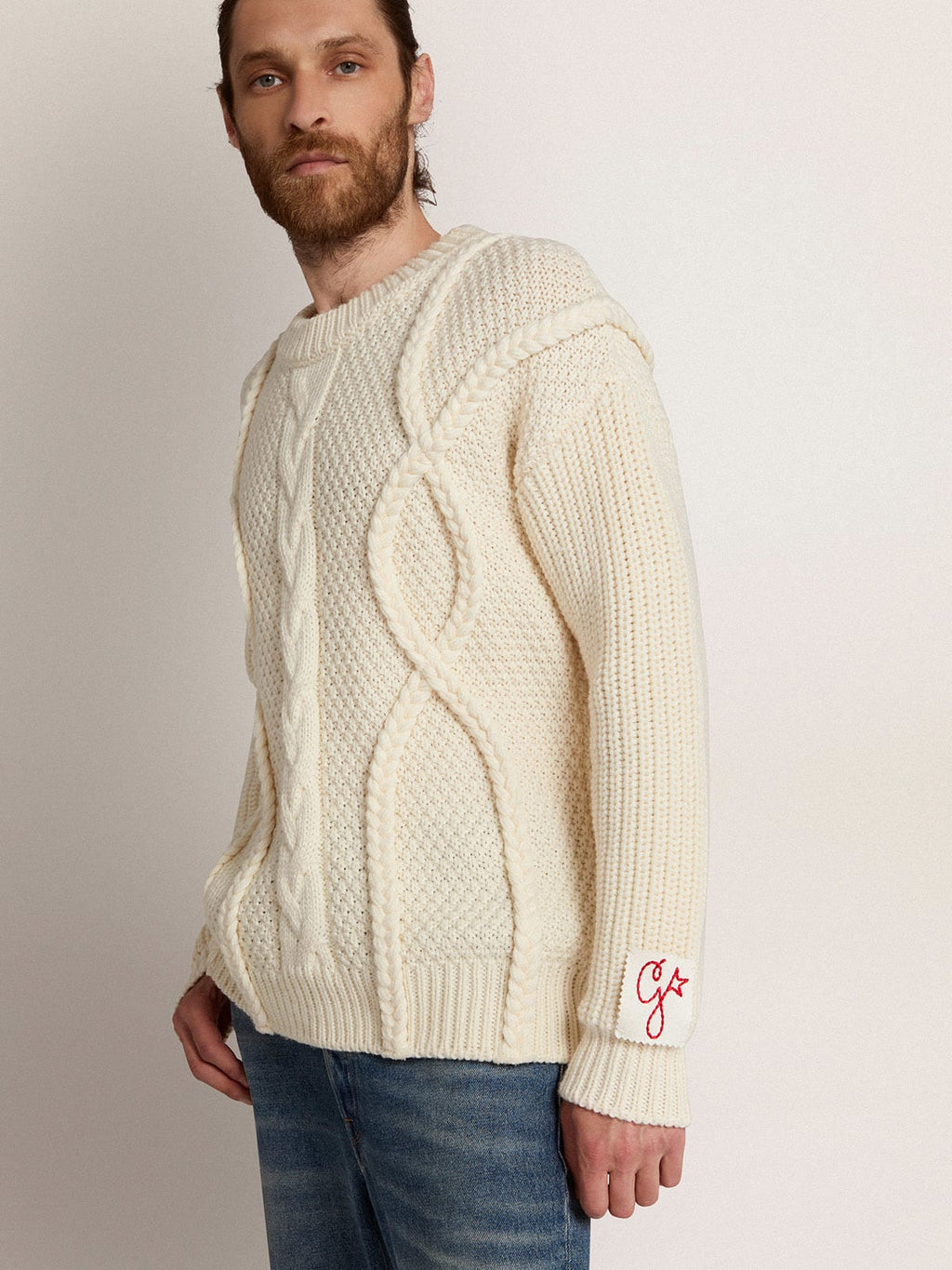 Maglione girocollo da uomo in lana con motivo intrecciato