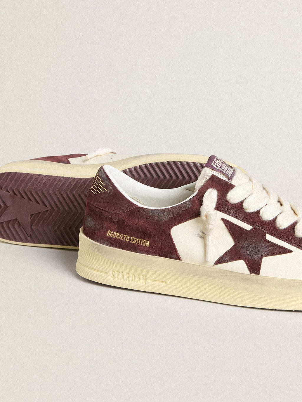 Women’s Stardan in white nappa with burgundy suede star and heel tab