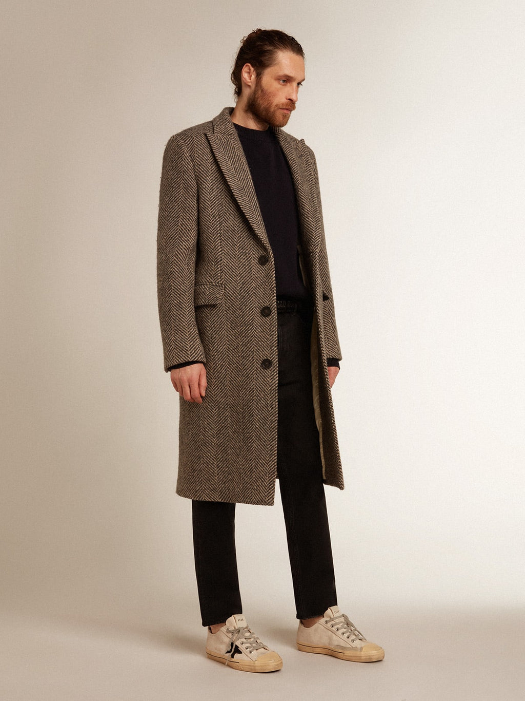 Cappotto monopetto in lana con trama spigata beige e grigio