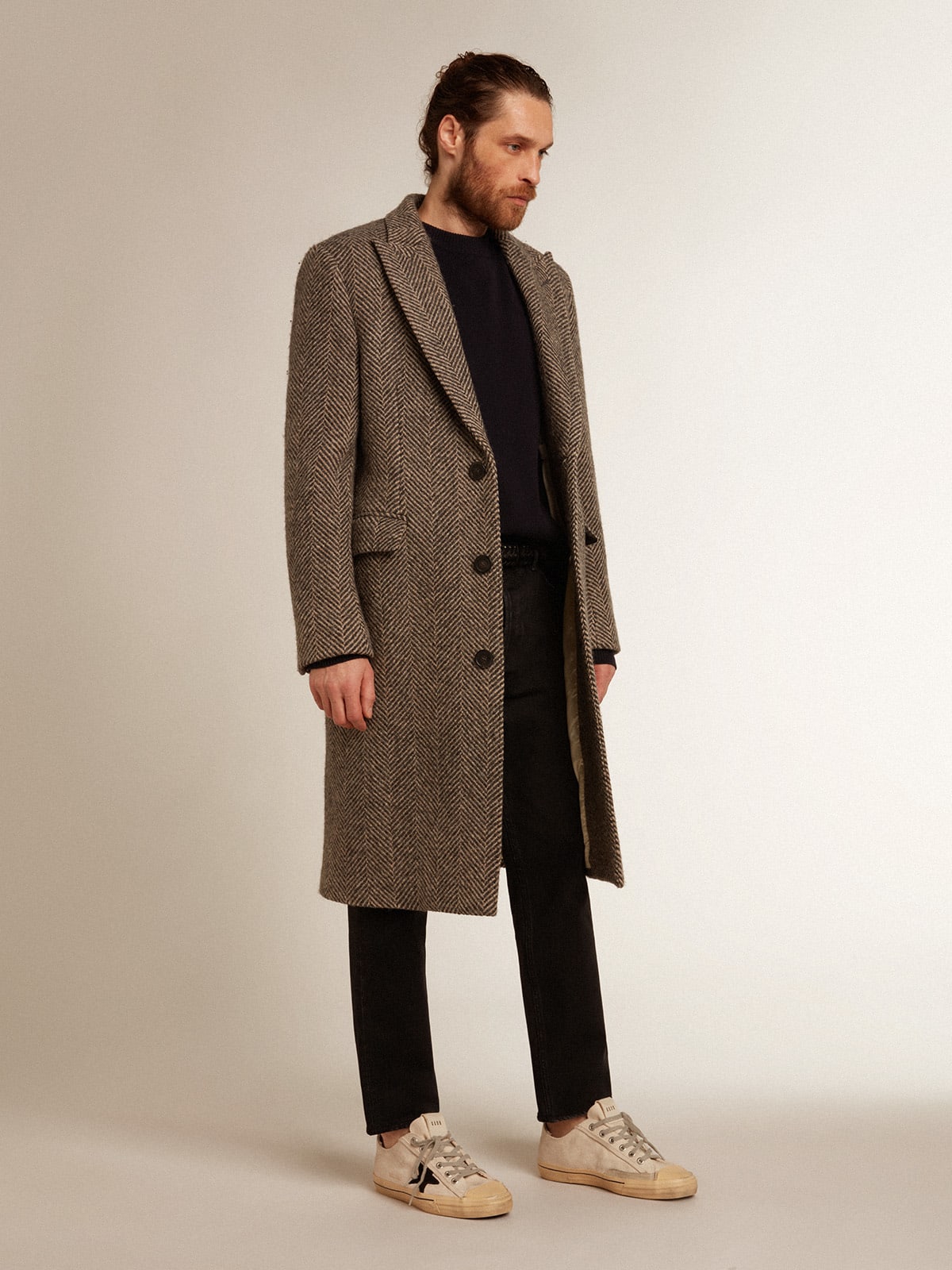 Cappotto monopetto in lana con trama spigata beige e grigio