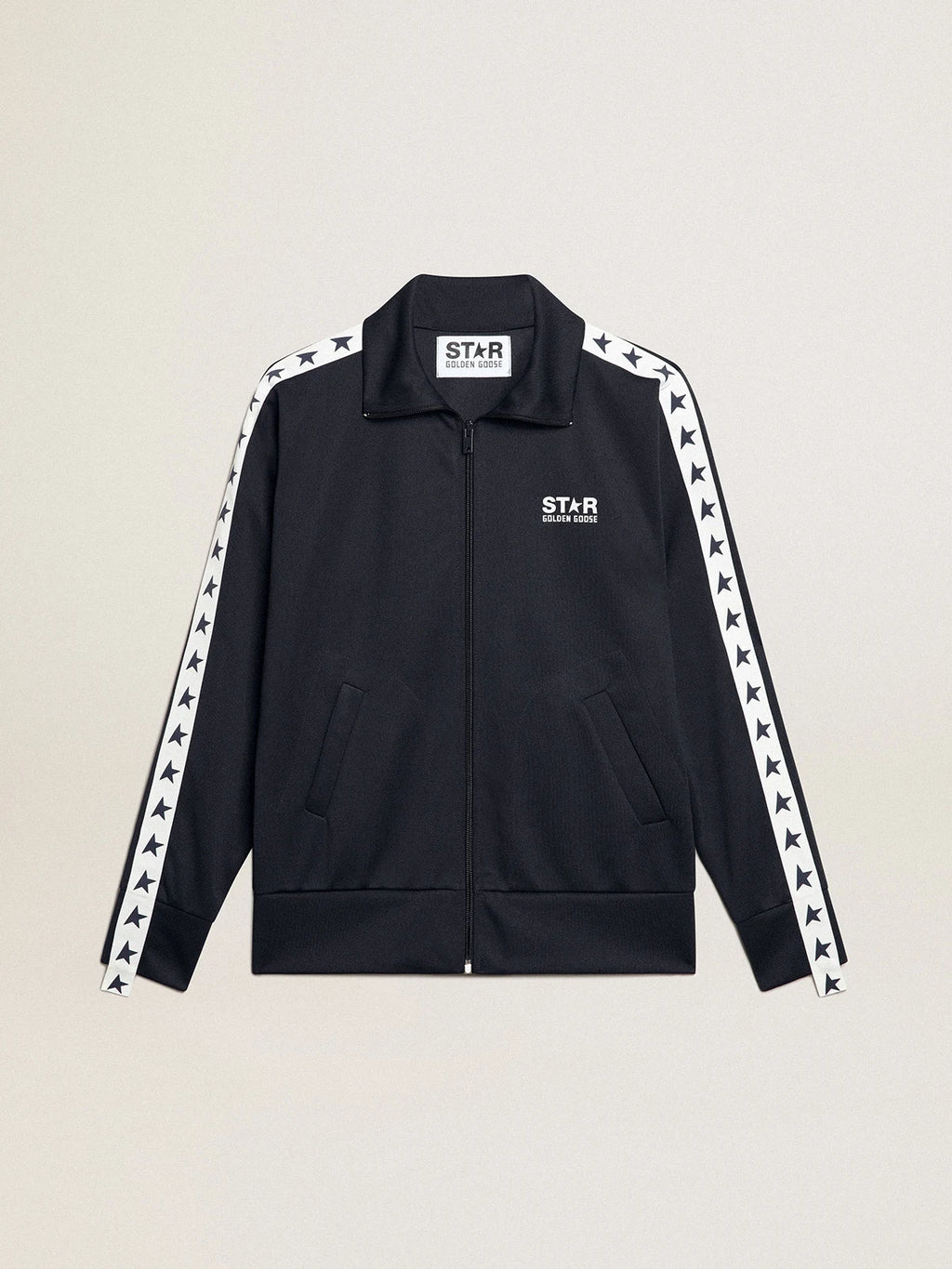 Felpa blu scura con zip e nastro bianco e stelle a contrasto