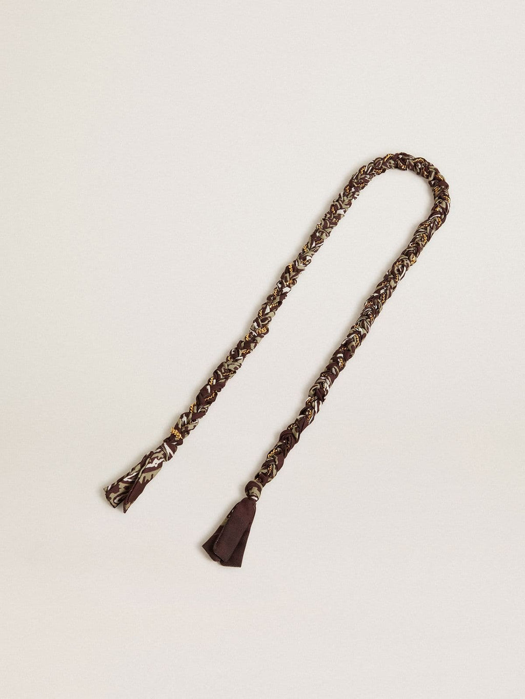 Burgundy braided fabric charm with brass chain