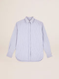 Camicia da donna con righe a bastoncino di colore azzurro