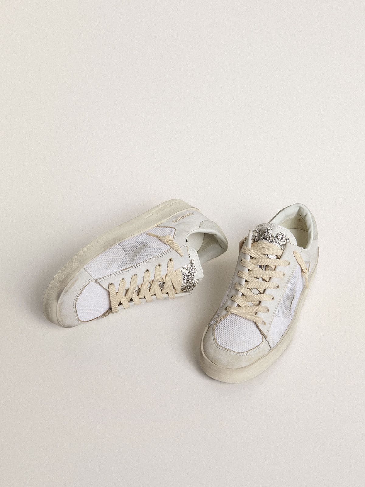 Stardan LTD in white leather with star and heel tab in ice-gray suede