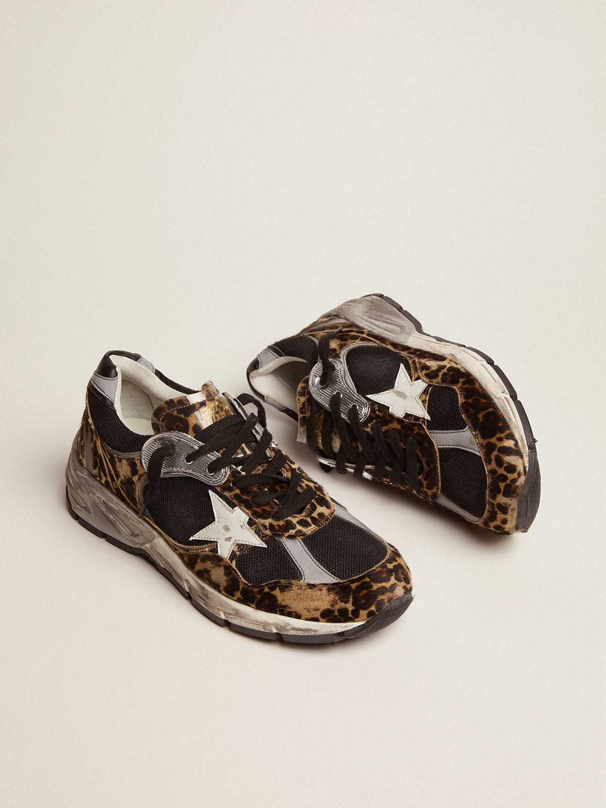 Sneaker Dad-Star in cavallino leopardato e stella in pelle bianca