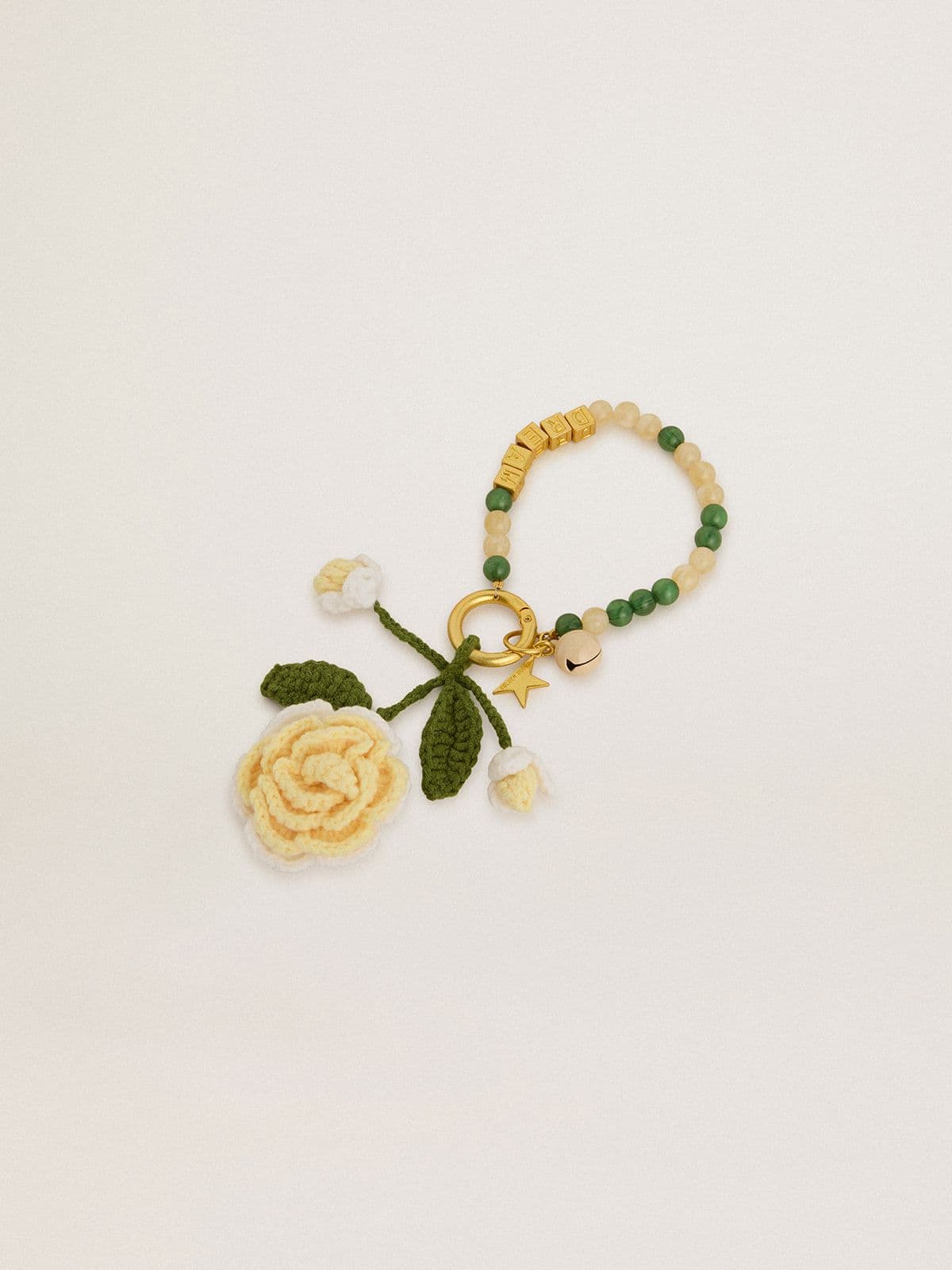 Yellow rose charm in cotton crochet with bead chain