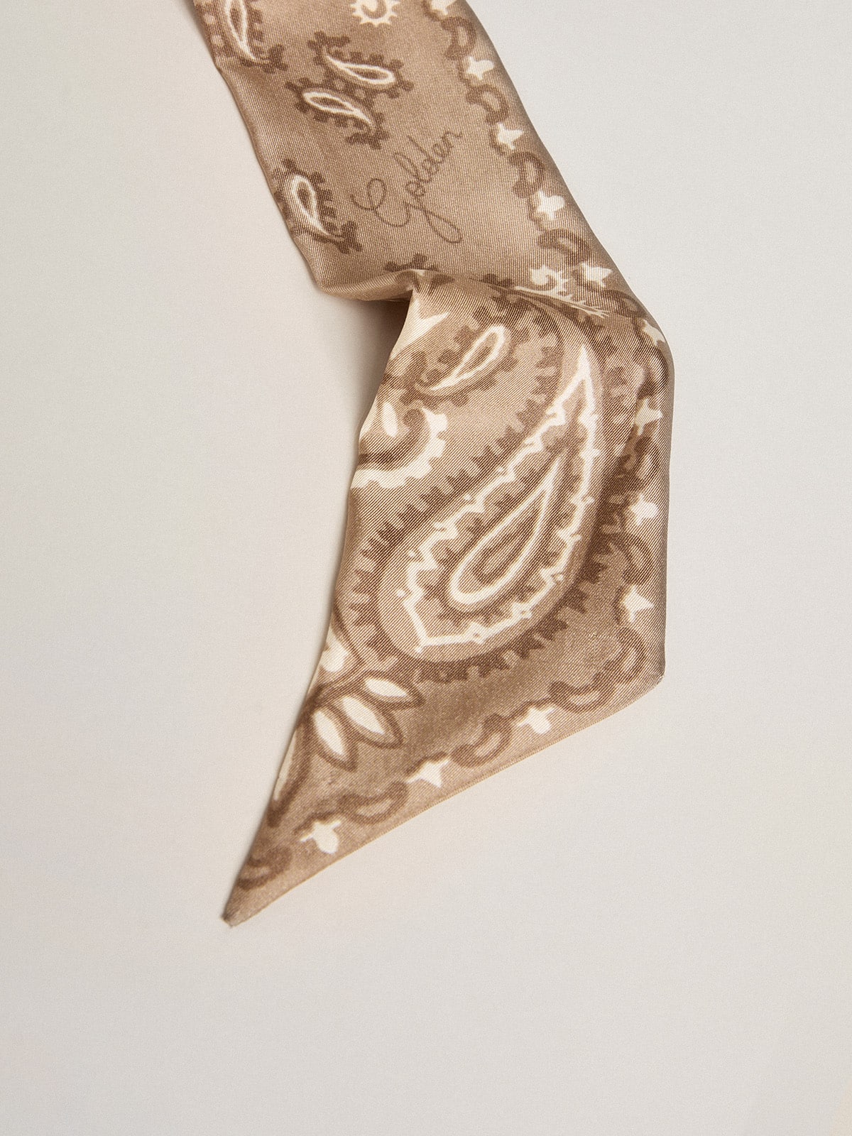 Ribbon in dove-gray silk twill with paisley pattern