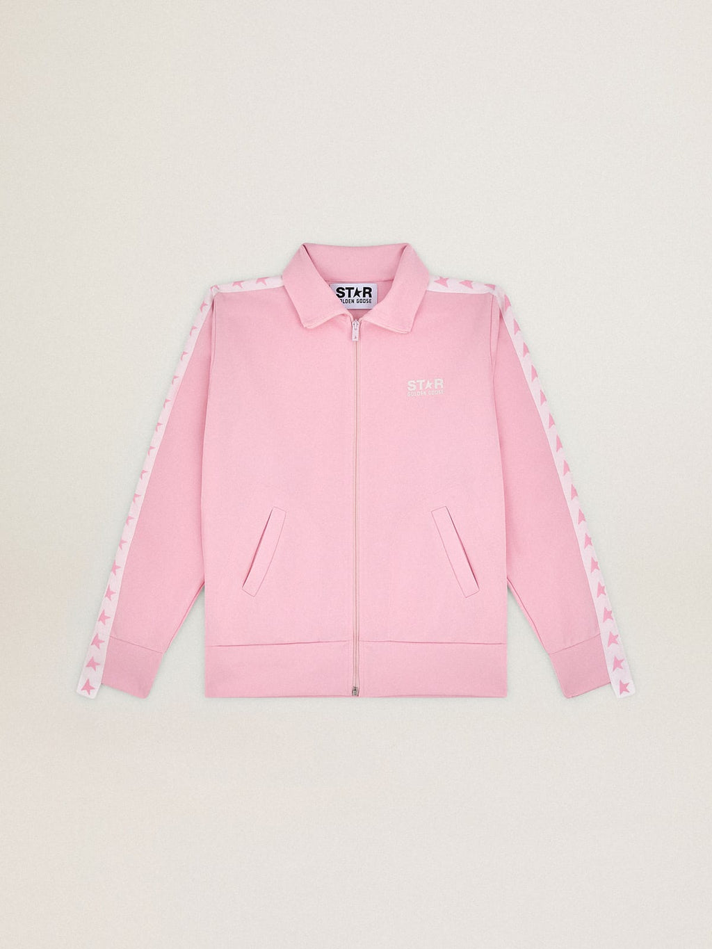 Felpa con zip da donna di colore rosa con stelle rosa a contrasto