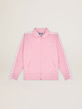 Felpa con zip da donna di colore rosa con stelle rosa a contrasto