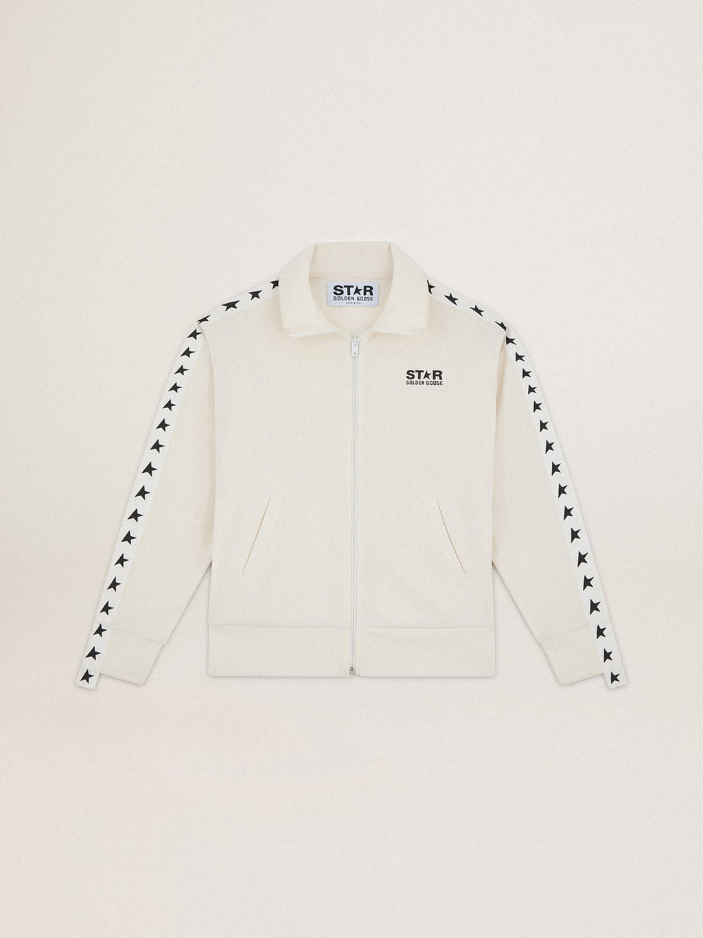Felpa con zip da donna di colore bianco con nastro bianco e stelle nere