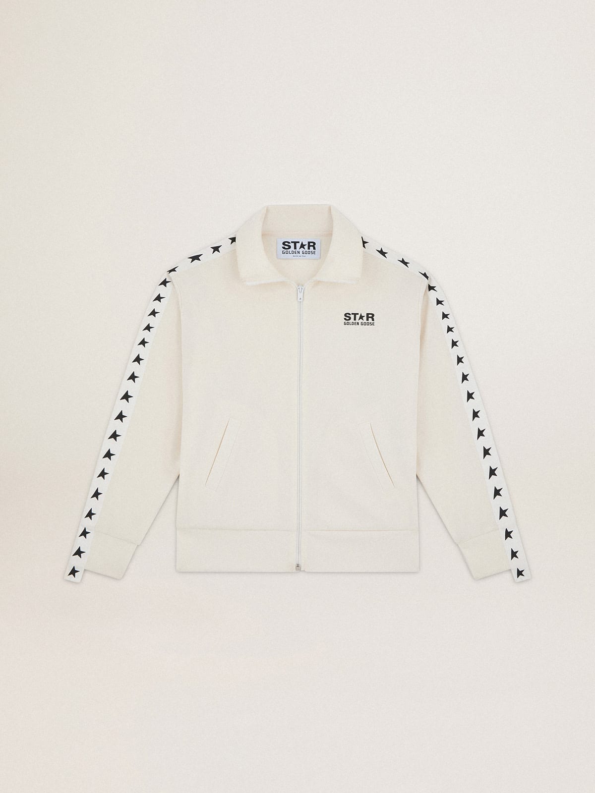 Felpa con zip da donna di colore bianco con nastro bianco e stelle nere