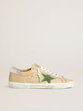 Super-Star LTD in beige leather with green suede star and silver foiled leather heel tab