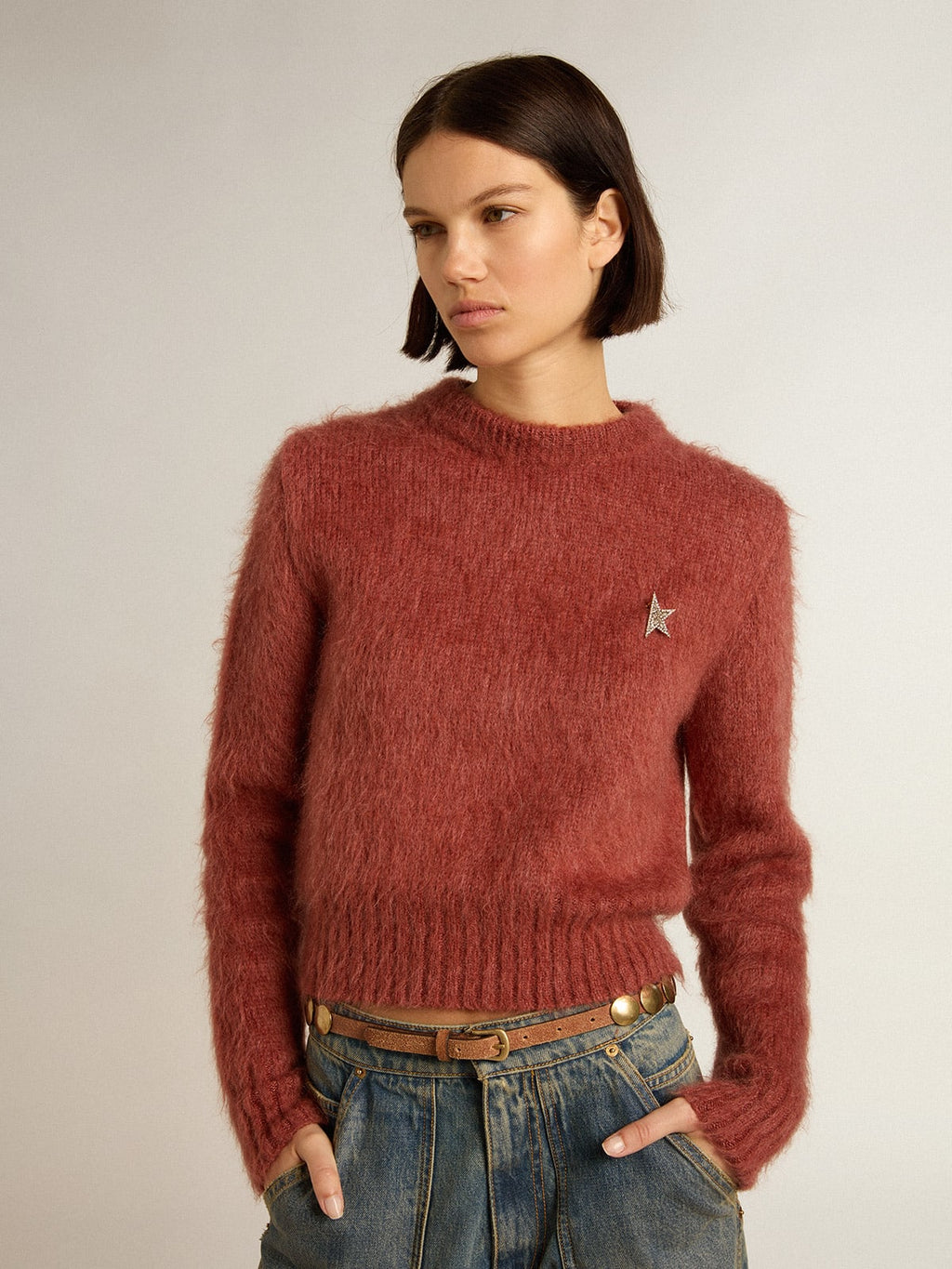 Maglione cropped in mohair color lilla scuro